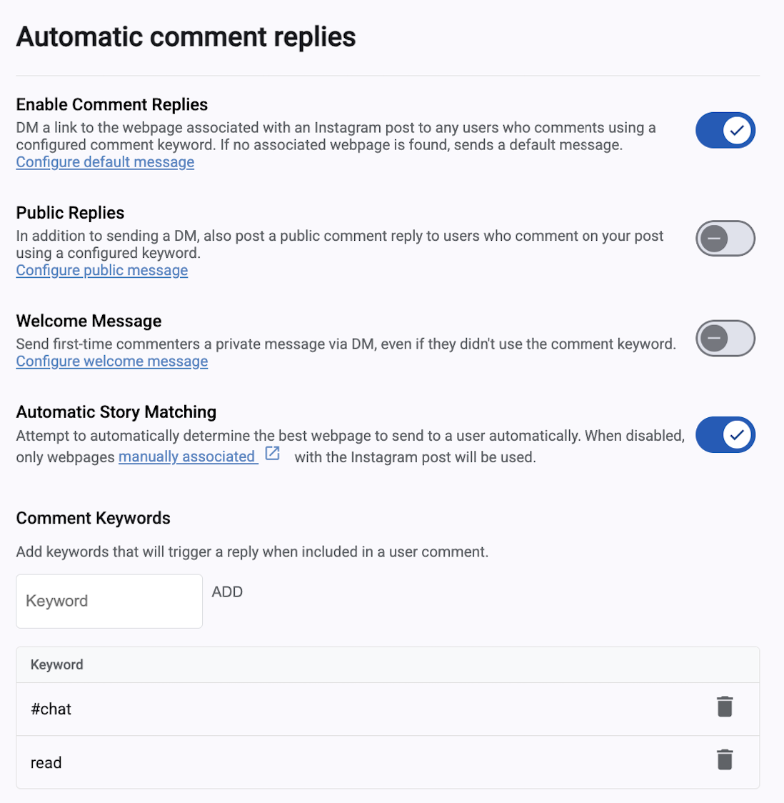 Automatic Comment Replies Settings