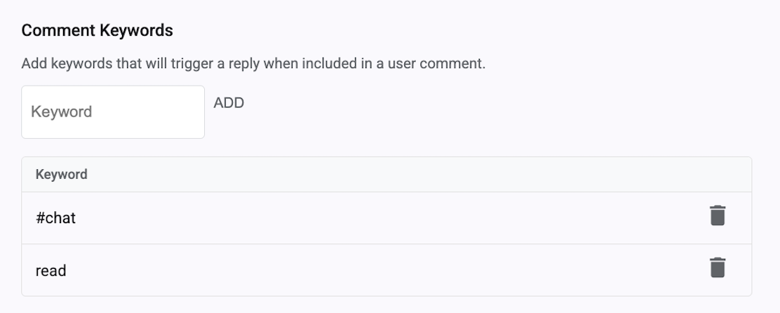 Comment Keywords interface